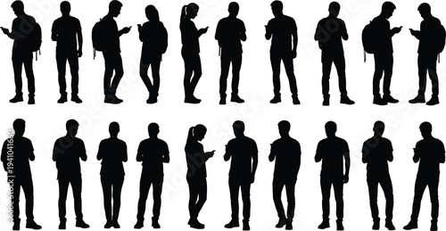 People silhouettes using smartphones standing texting chatting browsing mobile phone isolated on white background communication technology social media concept