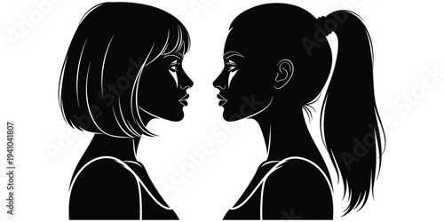 Black silhouette illustration of two women facing each other with bob haircut and ponytail hairstyle, profile design, flat vector illustration