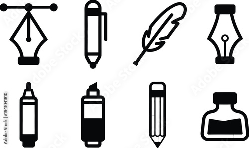 Set of 8 stationery icons vector, black and white