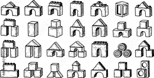 Hand-Drawn Black  White Line Art Collection of Childhood Play Building Blocks, Learning Toy Structures and Architectural Forms