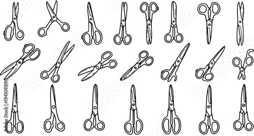 Black and White Line Art Pattern of Sewing and Craft Scissors. Hand-drawn Outline Doodle Illustration of Various Cutting Shears for Textile and Household Use.