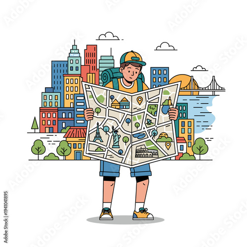 A young male traveler with a backpack and cap, standing in front of a city skyline, intently studying a large map filled with global landmarks and routes.