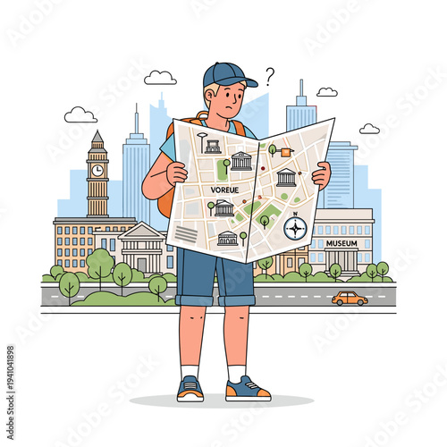 Confused tourist man with a map trying to navigate a new city, surrounded by urban architecture and landmarks.