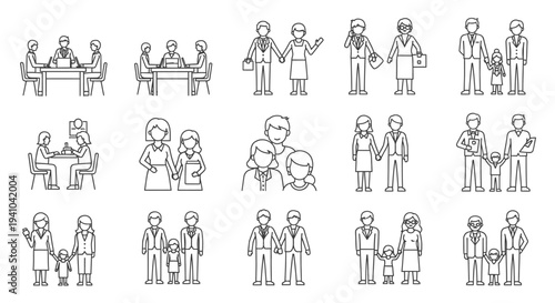 diverse people icons illustrating modern families business collaboration and social interactions in various settings.