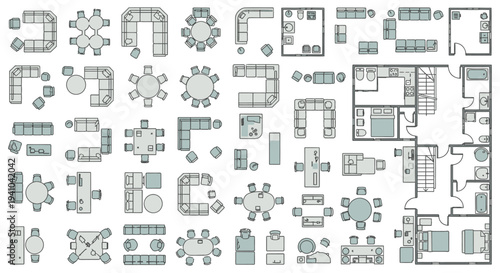 floor plans and furniture layouts for interior design showing diverse room arrangements and home elements for planning.