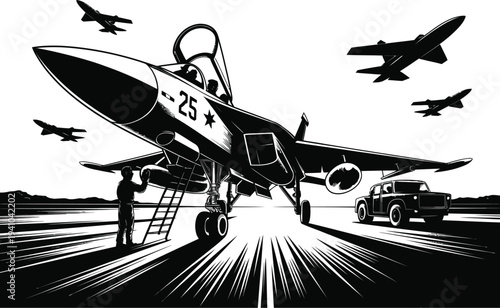 Fighter jet mission preparation illustration, military aircraft parked on airfield at dawn with ground crew preparing for flight operation and defense mission.