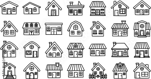 Black and White Line Art Icons of Various Houses and Homes for Real Estate and Construction