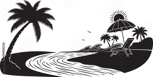 Black and white beach scene with palm trees and sun