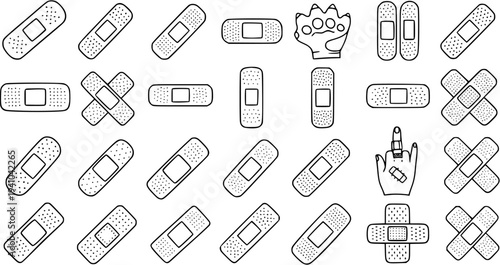 Medical First Aid Bandages and Plasters Black and White Line Art Doodle Icon Set. Hand-drawn Adhesive Bandage Collection for Healthcare and Injury Treatment.