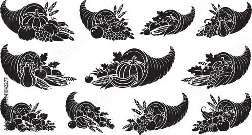 Black and white illustrations of horns with fruits and leaves
