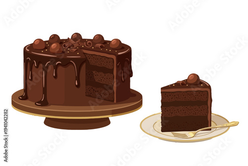 Vector illustration of chocolate layer cake on stand and separate slice