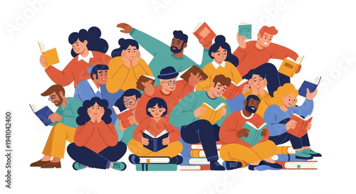 World Book and Copyright Day A Diverse Group of People Enjoying a Reading Session Together, Sitting on a Pile of Books and Surrounded by Literature