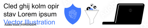 Cybersecurity, data filtering, identity protection, technology, secure access, threat detection. Blue fingerprint shield, data funnel laptop icon. Cybersecurity and data filtering concepts
