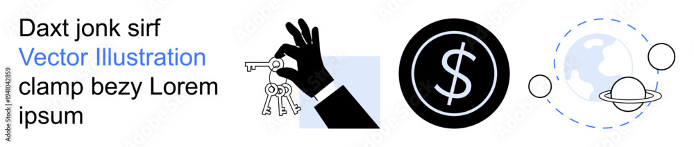 Obraz premium Ownership, finance, global business, exploration, investments, security. A hand holds keys, a dollar sign currency and planetary symbols suggest exploration. Ownership and finance concept