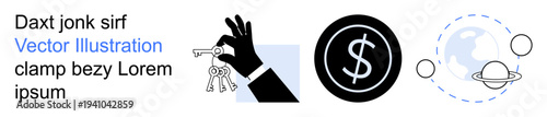 Ownership, finance, global business, exploration, investments, security. A hand holds keys, a dollar sign currency and planetary symbols suggest exploration. Ownership and finance concept