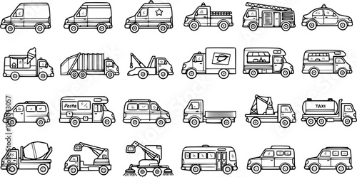 Black and White Line Art Icons of Various Vehicles and Trucks on White Background