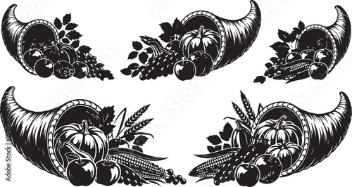 Harvest cornucopia illustrations with fruits and vegetables in black and white