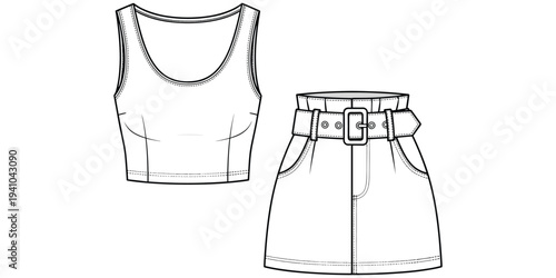 Technical fashion sketch of sleeveless crop top and high-waisted skirt with belt, garment construction design, flat vector illustration