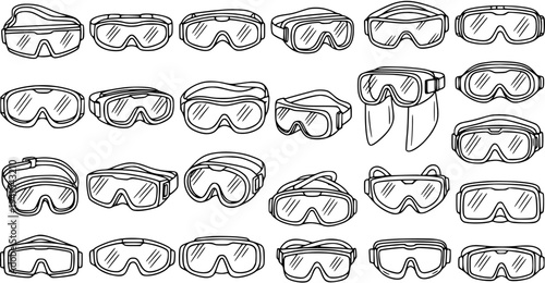 Safety Goggles and Protective Eyewear Line Art Collection. Black and White Hand-drawn Doodle Icons for Industrial, Sports, and Medical Protection.