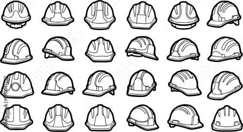 Black  White Line Art Construction and Industrial Safety Hard Hats Vector Icons Set. Protective Headgear Collection for Workers and Builders.