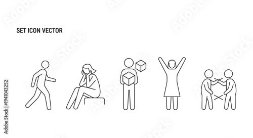 set of minimalist human stick figure line icons illustrating walking sadness delivery celebration and negotiation