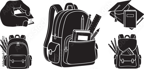 School Backpacks and Stationery Items in Black and White Illustrations