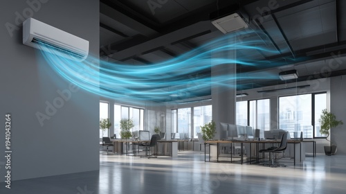 Air conditioning unit with blue airflow inside a modern office space