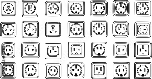 International Electrical Power Outlets and Socket Types Black  White Line Art Vector Icon Set for Global Devices, Travel, and Infrastructure