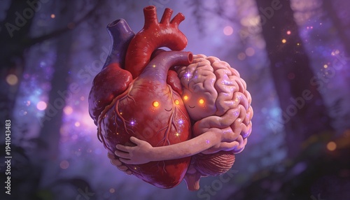 A human heart and brain are cradled by hands in a mystical forest with purple and blue hues conveying wonder