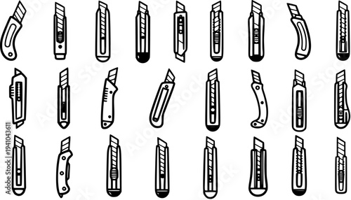 Black and White Line Art Icons of Various Utility Knives and Box Cutters