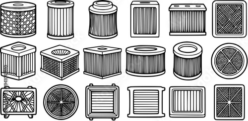 Black and White Line Art Set of Various Automotive Air Filter Icons