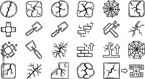 Hand-Drawn Line Art Construction, Repair  Damage Icons. Set includes Cracks, Building Maintenance, Trowels, Hammer, Bricks  Renovation Symbols.