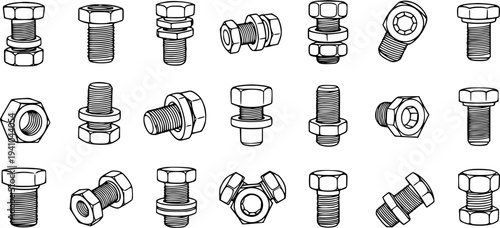 Black and White Line Art of Various Bolts and Nuts, Industrial Hardware Vector