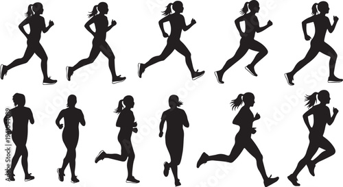 Silhouettes of people running in various poses and styles together