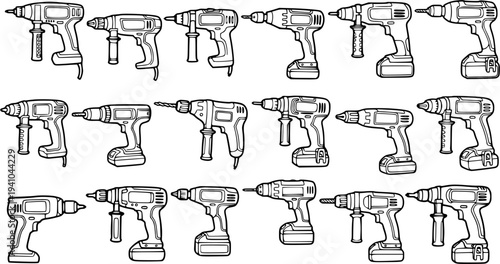 Black and White Line Art Vector of Assorted Cordless Power Drills in Multiple Rows