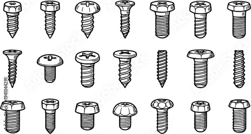 Black and White Line Art Illustration of various Screws and Bolts, essential Fasteners for the Hardware and Construction Industry.