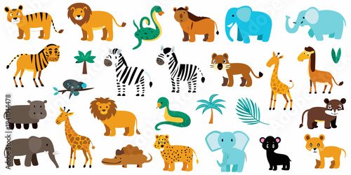 Colorful collection of cartoon animals including lions tigers and giraffes