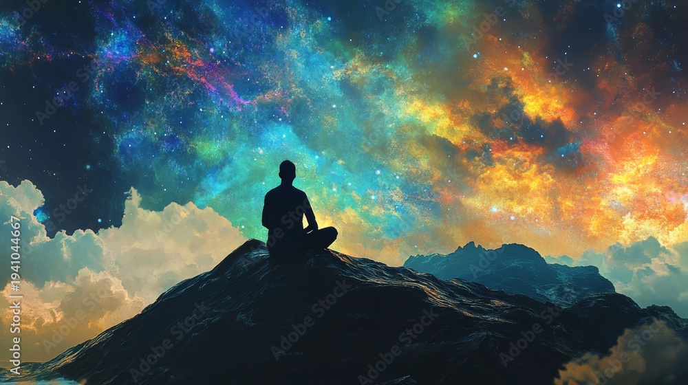Fototapeta premium A person in meditation atop a mountain, cosmic sky above