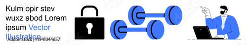 Cybersecurity, fitness, online work, personal health, telecommuting, digital security. A padlock, dumbbells and a man working at a laptop. Cybersecurity and fitness in a professional context