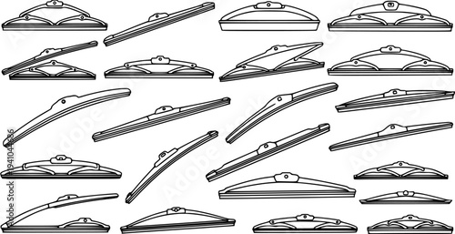 Black and White Line Art Collection of Diverse Car Wiper Blades