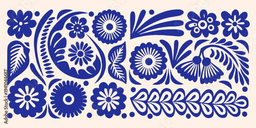 Blue and white floral pattern inspired by traditional polish folk art