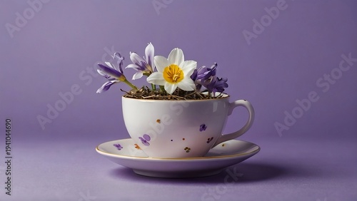 Easter egg and spring flowers in a cup of tea on a violet background, creative Easter holiday concept, minimalism for postcard design, created with genertive ai