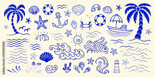 Blue and white hand drawn illustration of various beach and ocean elements