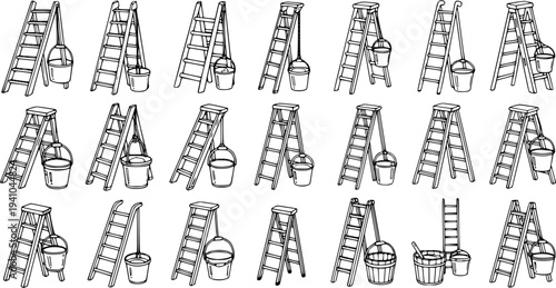 Black and White Line Art of Various Ladders and Buckets for Construction and Home Improvement