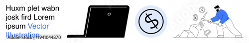 Technology advancement, financial stability, productivity, modern business, digital currency, economic growth. A silhouette of a laptop, currency symbol person with coins. Technology advancement