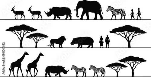 African safari wildlife silhouette scene with elephant lion zebra giraffe rhino antelope trees and people isolated vector landscape illustration set