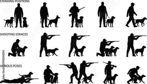 Hunter with dog silhouettes showing standing positions shooting stances and various hunting poses vector illustration isolated collection