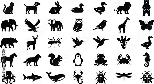 Animal Silhouette Icon Collection with Mammals, Birds, Insects and Marine Creatures, Wildlife Vector Set Isolated on White