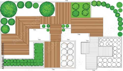 Landscape garden plan top view with wooden deck paths plants shrubs and layout measurements isolated vector illustration for landscape design