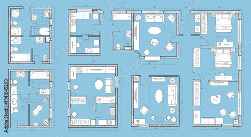 Apartment and House Floor Plan Blueprint Set with Furniture Layout, Architectural Interior Design Drawing Vector Collection